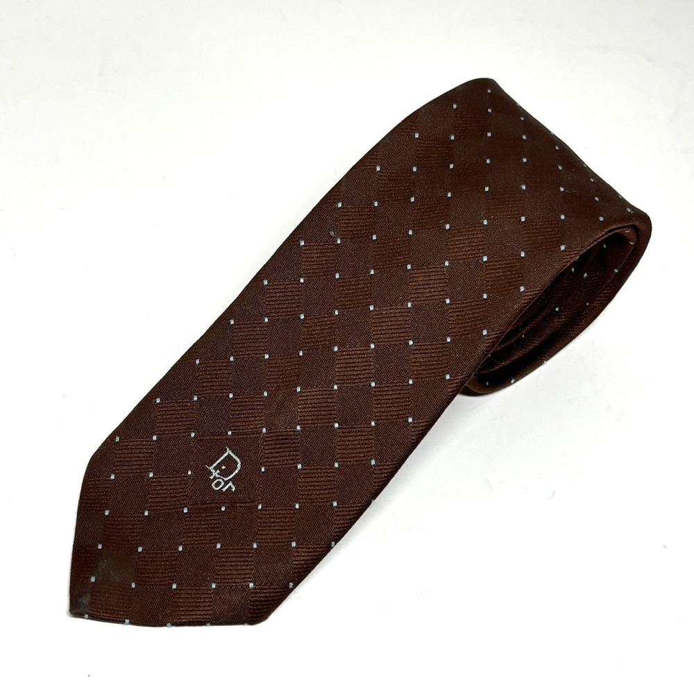 Christian Dior Necktie Mens OS Brown Silk Blend Diamond Micro Dot Vintage - Picture 1 of 5
